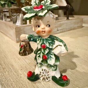 Vintage Napco Holly Berries Boy Holding Bell Ornament Salt Shaker